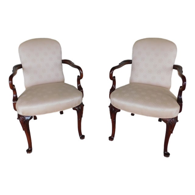Southwood Georgian Queen Anne Style Fireside Accent Arm Chairs - A Pair For Sale