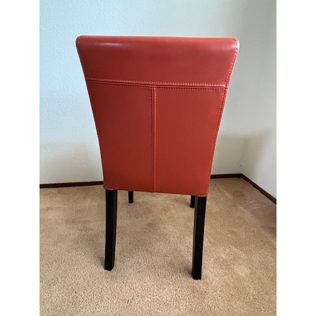 Mid Century Modern Crate & Barrel Parsons Steel & Glass Dining Table With Set of Four Lowe Leather Group Side Chairs For Sale In San Francisco - Image 6 of 8