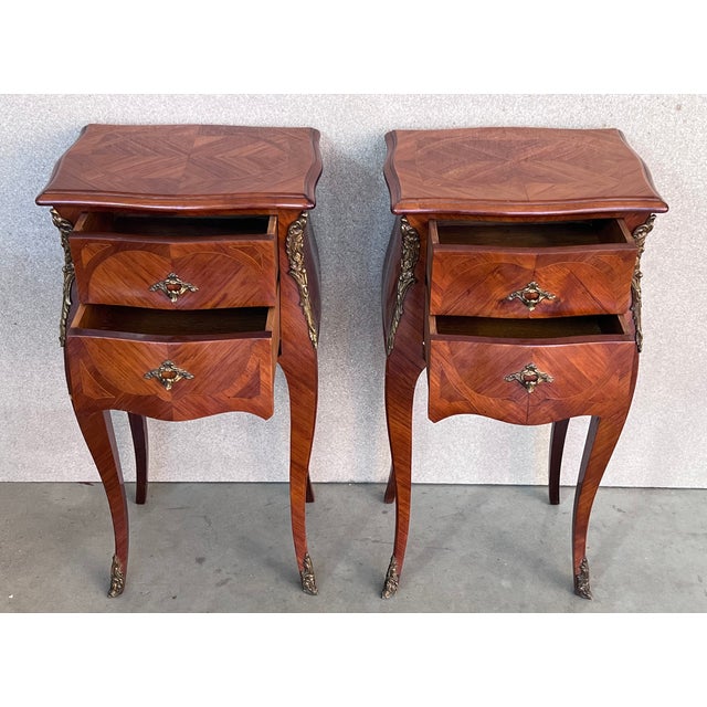 Antique Louis XV French Marquetry With Drawers Nightstands, Set of 2 For Sale - Image 6 of 12