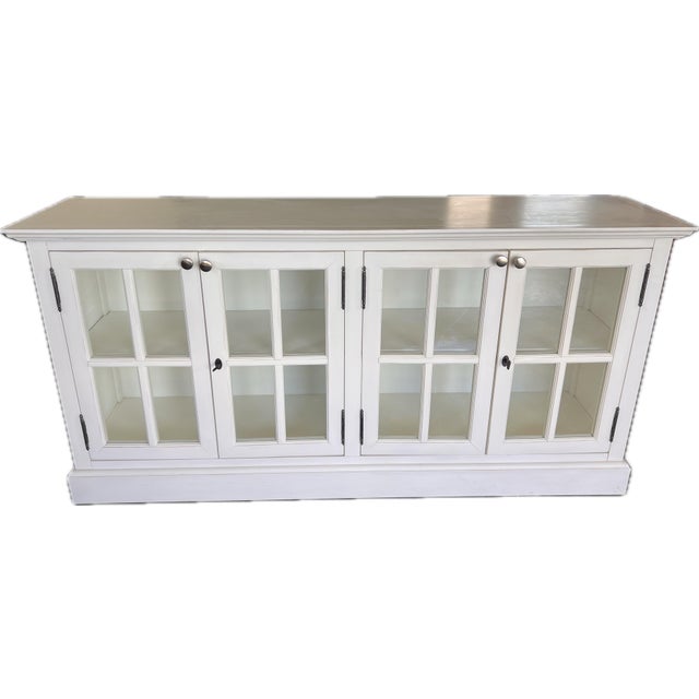 Vintage Painted White Sideboard Credenza Coastal Farmhouse Console Window Pane Doors 72” For Sale - Image 4 of 11