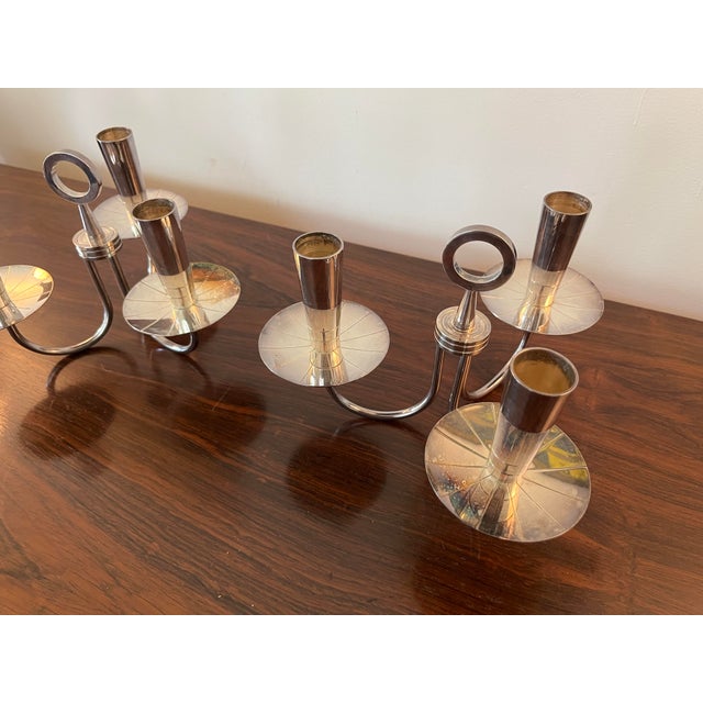 Tommi Parzinger Pair of Mid 20th Century Tommi Parzinger Candle Holders Silver Plated Candelabra For Sale - Image 4 of 7