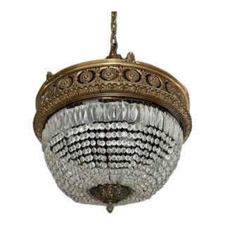 Antique Beaux Arts Bronze Crystal Basket Four Light Chandelier Rewired For Sale