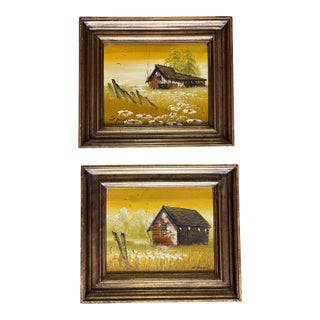 Original Vintage Signed Framed Oil Paintings Outdoor Barn Scene, a Pair For Sale