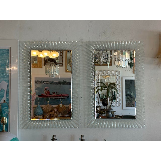 1980s Vintage Pair of Italian Murano Wavy Ruffle Scalloped Glass Wall Mirrors For Sale - Image 5 of 11