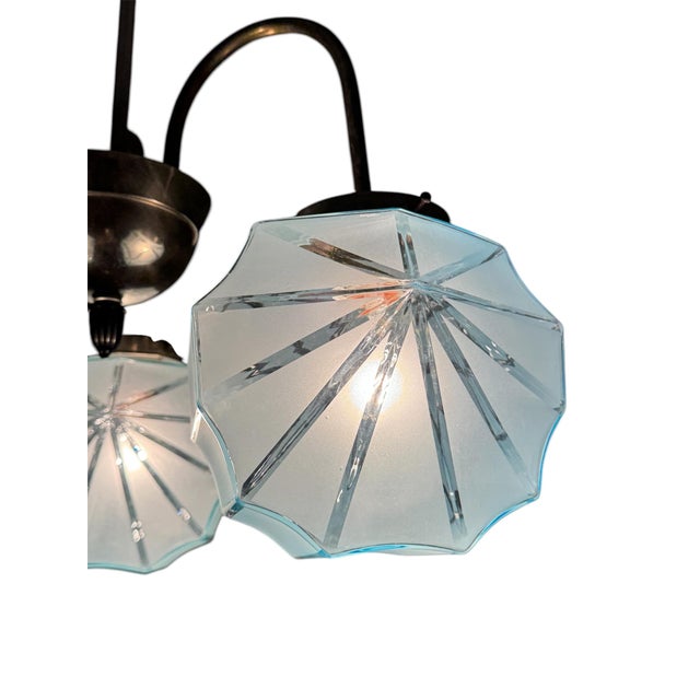 Art Deco 3-Armed Chandelier with Blue Glass Shades, Europe, 1930s For Sale - Image 10 of 11