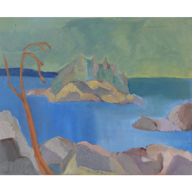 This coastal landscape painting with striking colours is by the Swedish artist Curt Agge (1929 - 2021). Oil on panel,...
