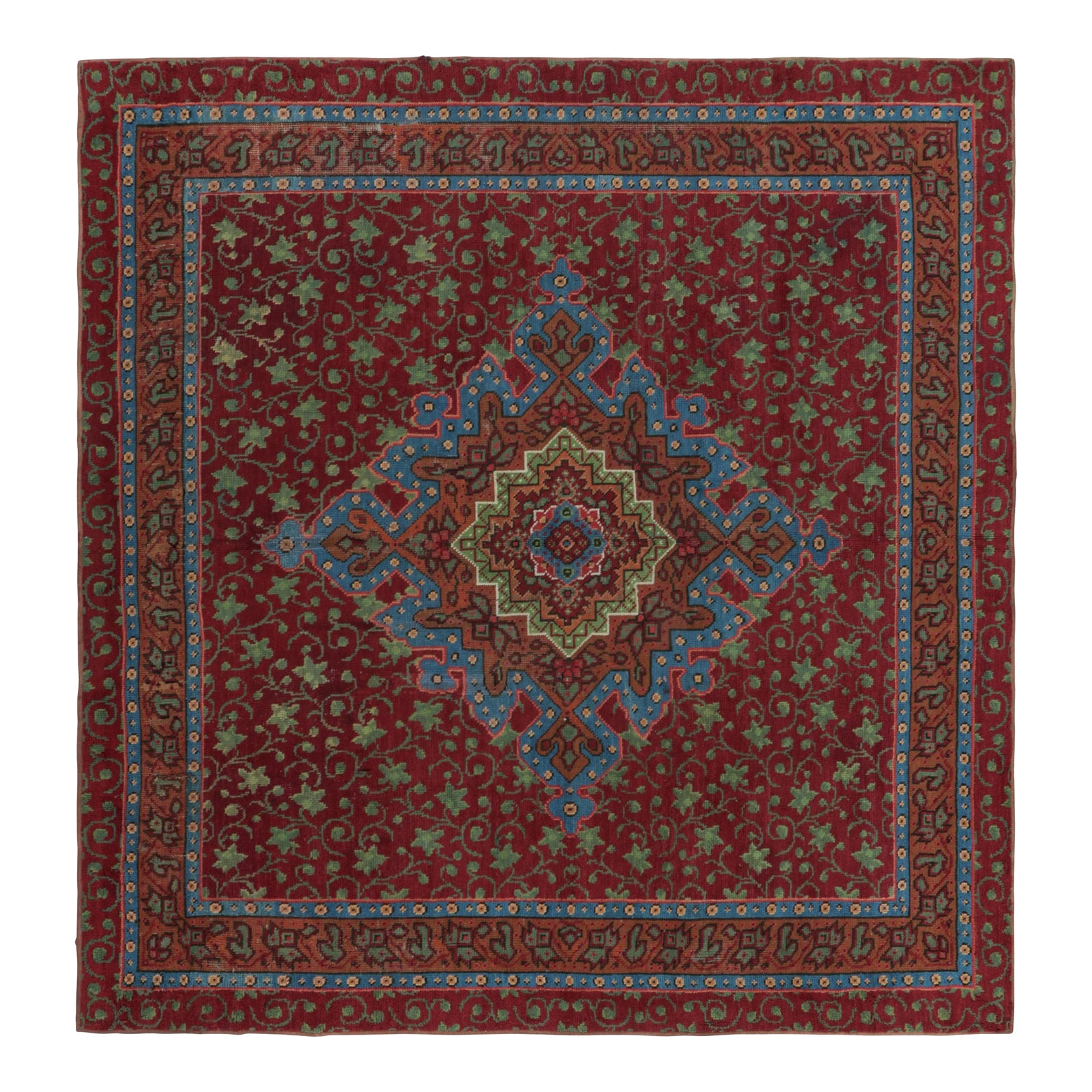 Antique English Axminster Square Rug, Red With Floral Medallion - Rug ...