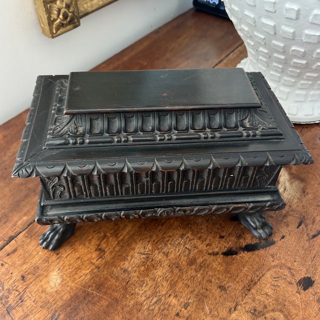 Wood Antique Carved Wood Footed Casket Box For Sale - Image 7 of 8