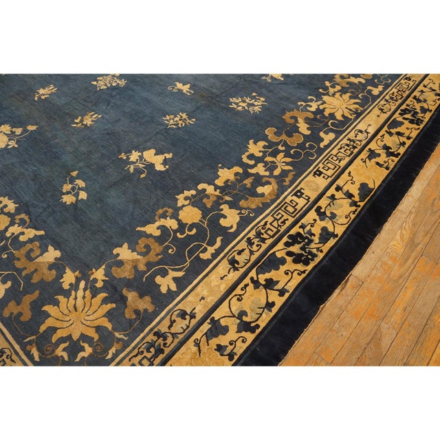 Cerulean Classic 1920s Blue Greek Key Antique Wool Floral Chinese Room Size Peking Rug For Sale - Image 8 of 9