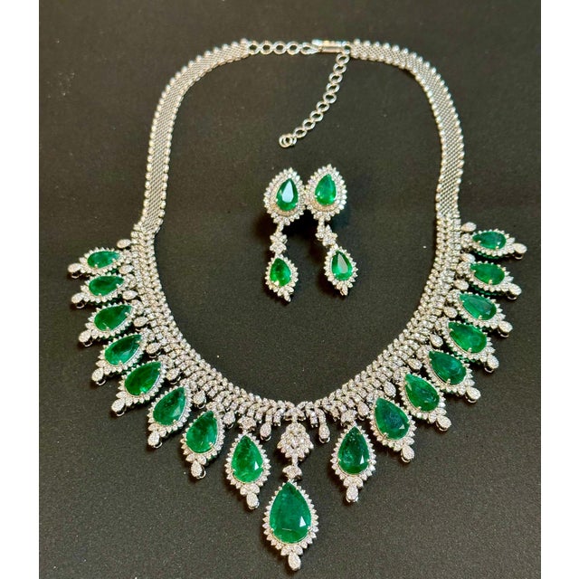 Gemstone Gia Certified 73ct Zambian Emerald & 22ct Diamond Necklace Earring Bridal Suite For Sale - Image 7 of 8