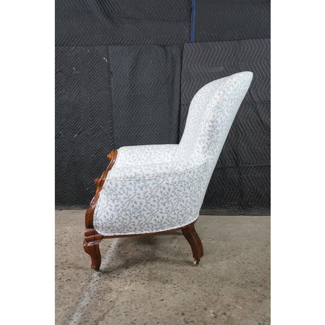 Antique Victorian Carved Walnut Spoon-Back Blue Floral Salon Armchair C. 1880s For Sale - Image 16 of 18