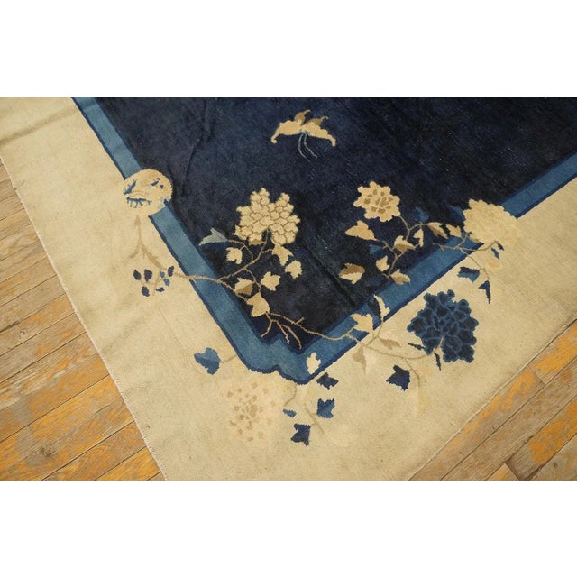 Textile 1920s Navy Blue Open Field Floral Antique Chinese Peking Rug 7' 10'' X 9' 6'' Wool & Silk Knotted Carpet For Sale - Image 7 of 9
