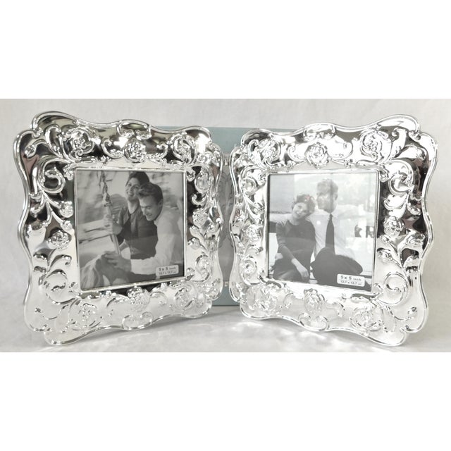2000 - 2009 Vintage Elegant Silver-Plated Rose Velvet Back Double 5.5" Picture Frame - New Old Stock For Sale - Image 5 of 11