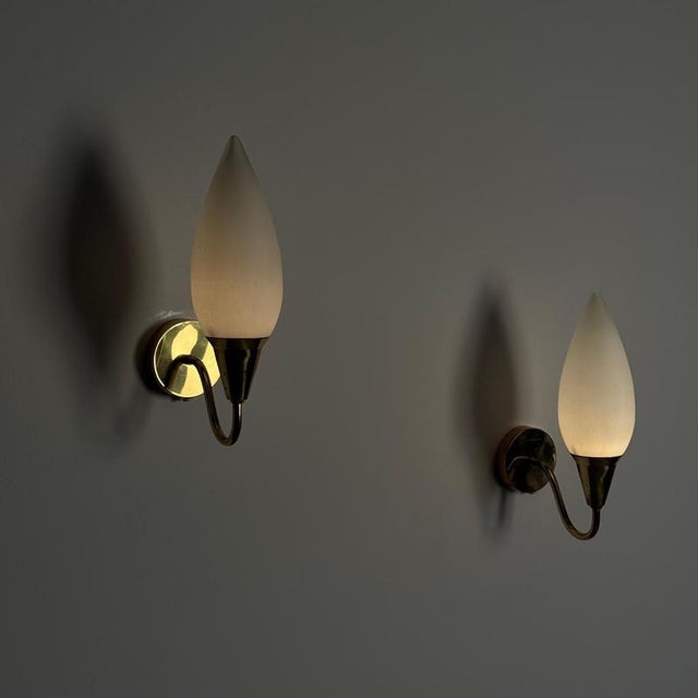 Cream Brass Wall Lamps with Opaline Glass by Paavo Tynell, 1940s, Set of 2 For Sale - Image 8 of 18