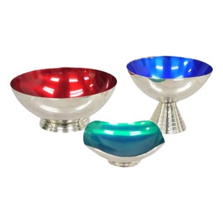 Mid Century Danish Modern Blue Green Red Silver Plated Enamel Compote - 3 Pieces For Sale