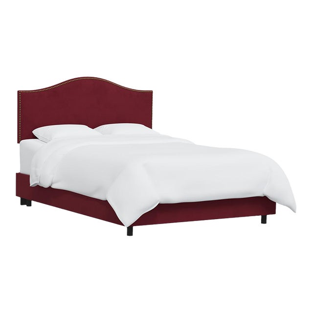 Twin Camelback Bed in Velvet Berry with Brass Nails For Sale