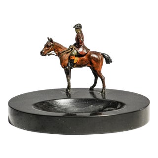 Charming Antique Austrian Cold Painted Bronze Fox Hunt Horse Sculpture Catchall English Equestrian Desk Tray Black Stone Home Office Decor For Sale