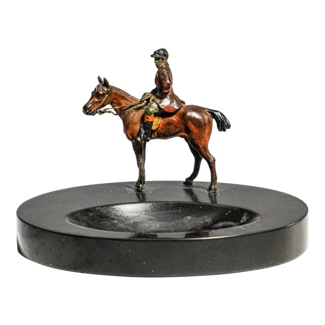 Charming Antique Austrian Cold Painted Bronze Fox Hunt Horse Sculpture Catchall English Equestrian Desk Tray Black Stone Home Office Decor For Sale