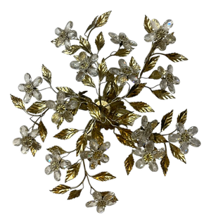 Gilded Tole Crystal Flower Flush Mount, 1970s