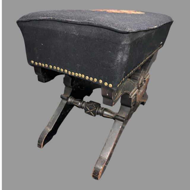 Victorian Early 20th Century Antique Victorian Ebonized Aesthetic Footstool With Floral Needlepoint Seat For Sale - Image 3 of 10