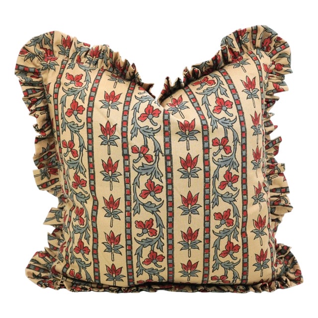 Floral Block Print Frill Cushion Cover Handmade Artisan Boho Throw Pillow 14x20 Inch Mhalaxmi For Sale
