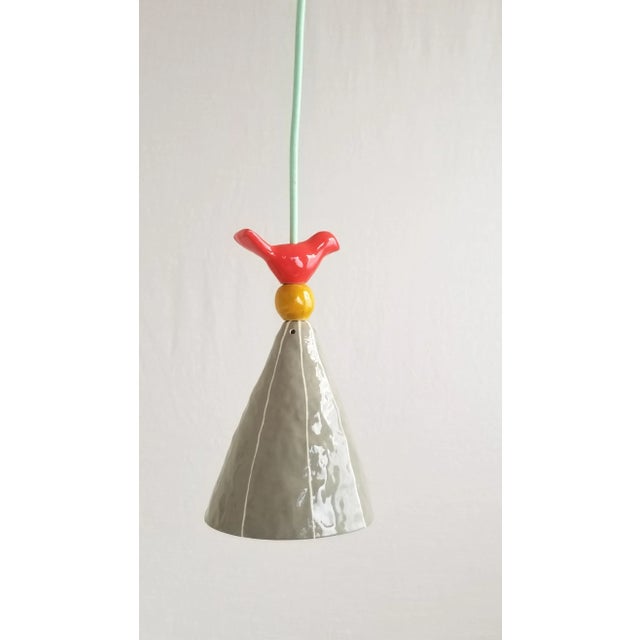 Handmade Ceramic Pendant Light, Gray With Red Bird For Sale - Image 4 of 4