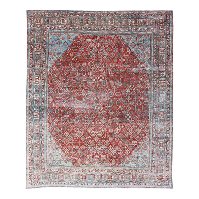 Antique Persian Joshegan Rug With Geometric Medallion Design in Red and Lt. Blue 9'6 X 12'3 For Sale