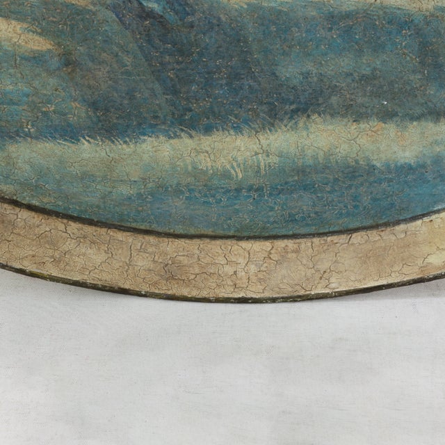 Metal Vintage Hand Painted Tole Tray Blue and Cream Oval Landscape With Tower Architecture For Sale - Image 7 of 16