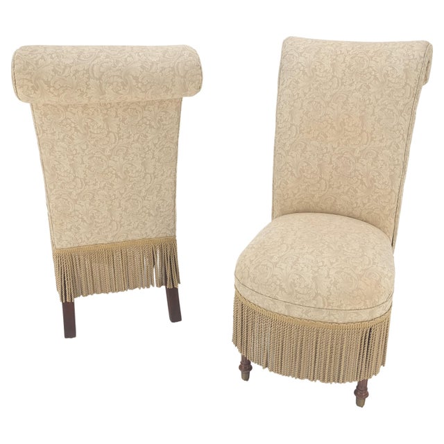 Tall Back Pair Decorative Turned Mahogany Legs Tassels Decorated Fireside Slip Lounge Chairs MINT!