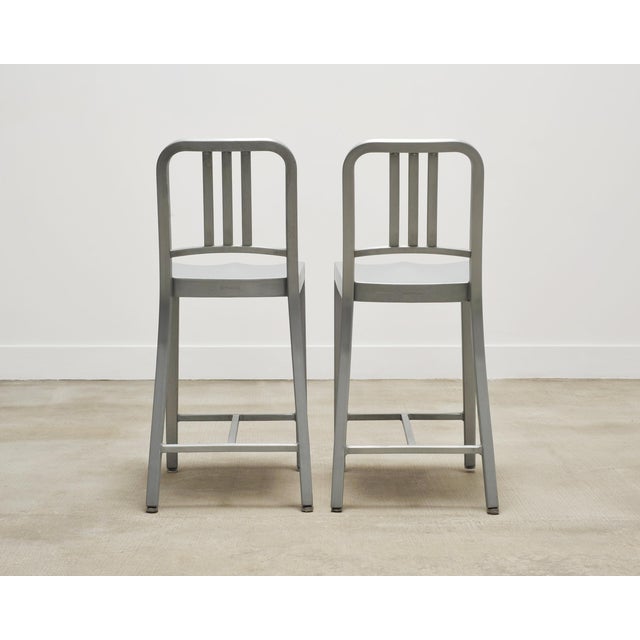 Pair of Emeco 'Navy' Bar Counter Stools in Brushed Aluminum For Sale - Image 16 of 17