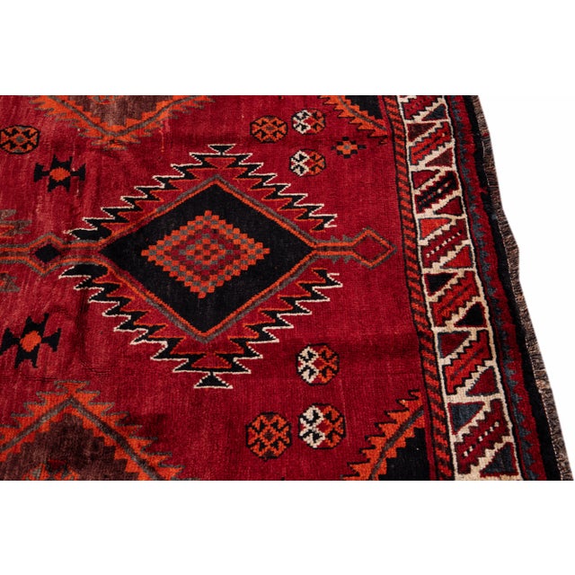 Vintage Handmade Persian Red Geometric Wool Rug 5'5" X 9'1" For Sale In New York - Image 6 of 11