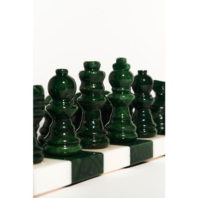 2020s Italian Forest Green/White Small Alabaster Chess Set For Sale - Image 5 of 6