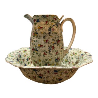 Vintage Porcelain Washstand Jug and Basin Set With Floral and Bird Chintz Pattern For Sale