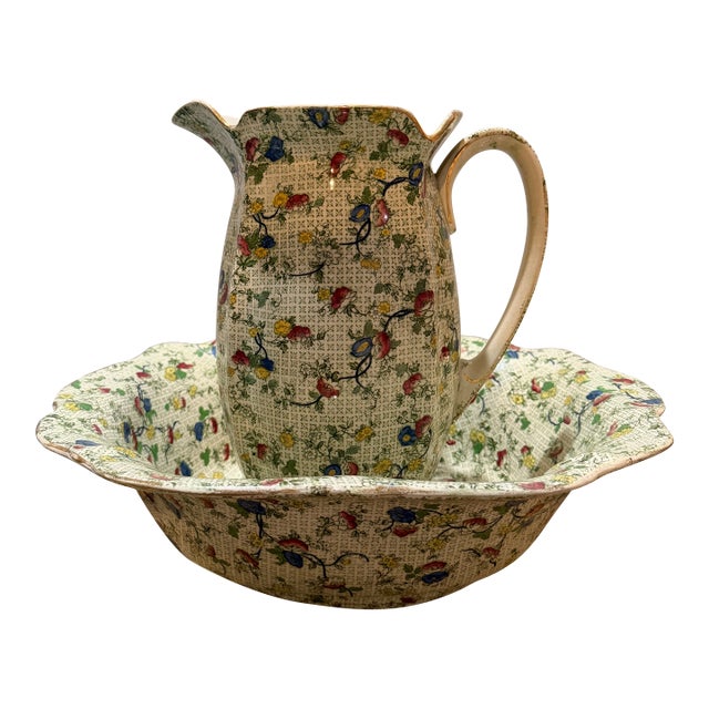 Vintage Porcelain Washstand Jug and Basin Set With Floral and Bird Chintz Pattern For Sale