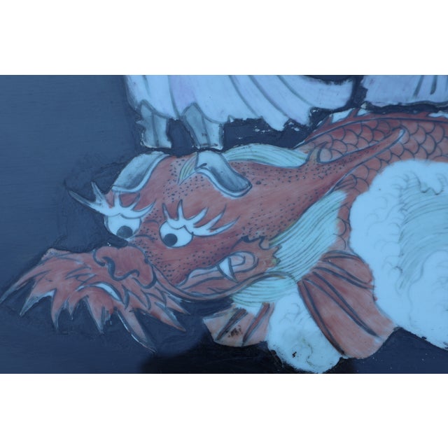 Mid-Century Chinese Black Lacquer Coffee Table With Hand-Painted Kutani Porcelain Immortals Relief For Sale - Image 10 of 18
