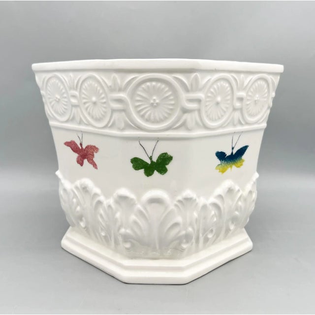 Vintage Italian White Ceramic Cachepot With Colorful Butterflies — Neoclassical / Hollywood Regency For Sale - Image 9 of 16