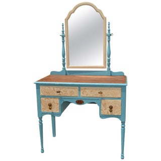Painted Wood Makeup Vanity Desk With Mirror and Upholstered Chair For Sale