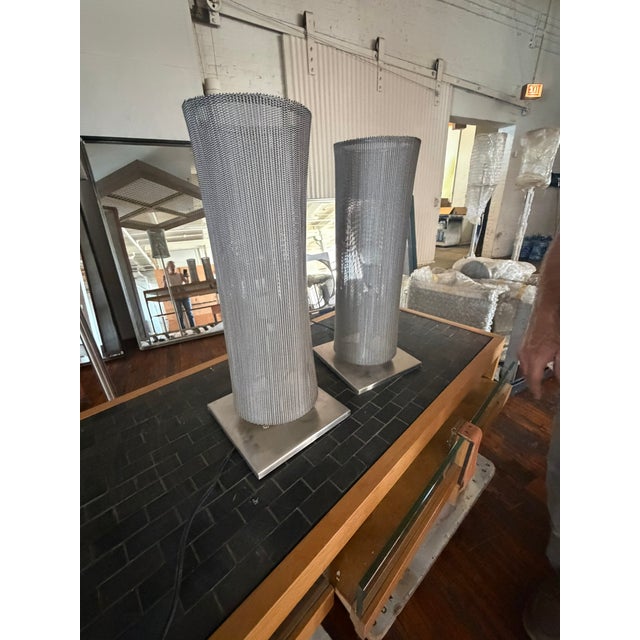 Contemporary Custom Steel Mesh Table Lamps – Modern Industrial Sculptural Lighting, Pair For Sale - Image 3 of 15