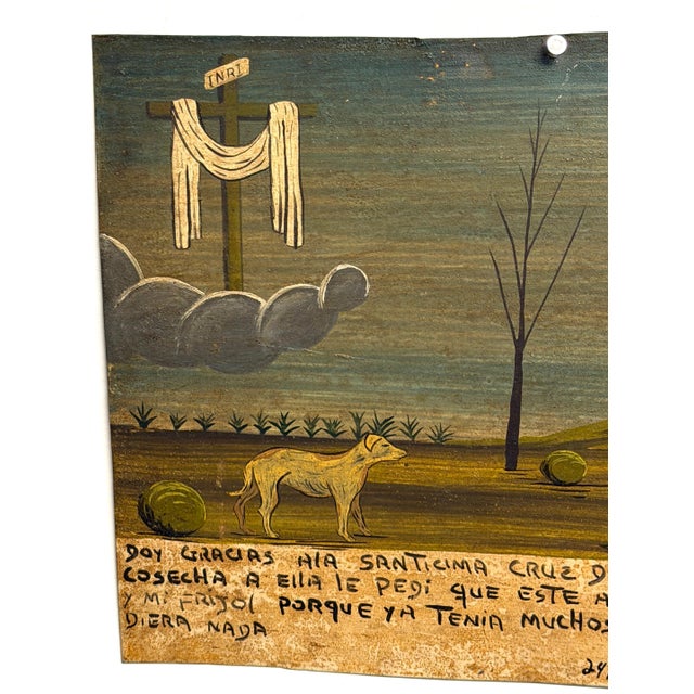 Spanish Mexican Ex-Voto Retablo Painting, Dated 1960, Harvest Prayer to the Holy Cross For Sale - Image 3 of 13