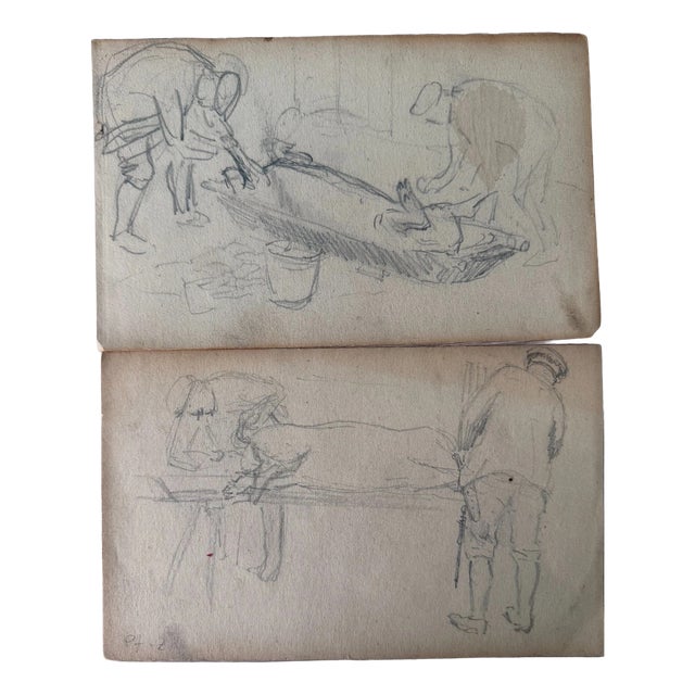 Heinrich Pforr, 4 Drawings on 2 Sheets Home Slaughter of a Pig, Pencil For Sale