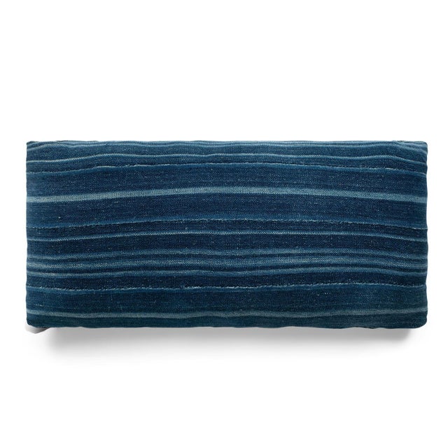 Large Faded Indigo Tone-On-Tone Striped Lumbar Cushion For Sale In Houston - Image 6 of 11