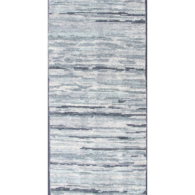 Abstract Modern Runner Rug in Soft Gray With Subtle Blue Tones and Linear Pattern For Sale - Image 3 of 12