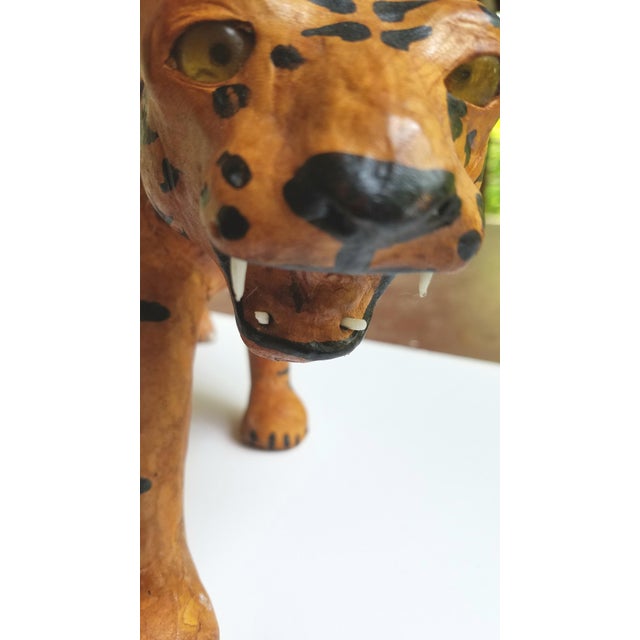 1960s Hand Painted Leather Tiger Figurine With Glass Eyes Made in India