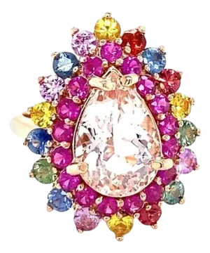 6.04 Carat Natural Pink Morganite Multi Color Sapphire Rose Gold Cocktail Ring, Size 7