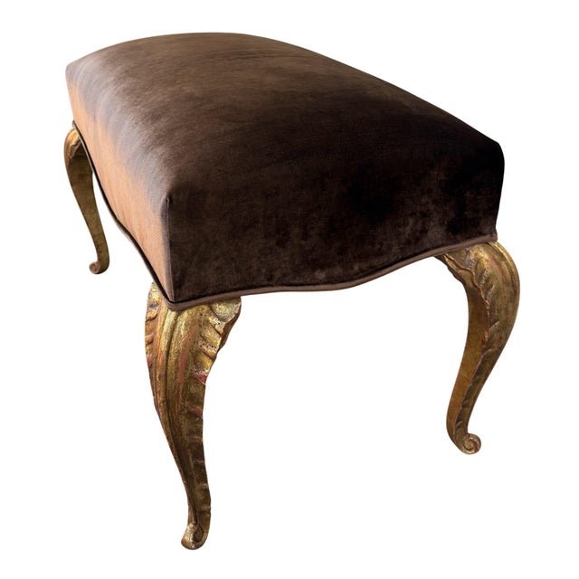 Randy Esada Designs for Prospr Maison Jansen Style Giltwood Palm Leaf Bench - Silk Velvet For Sale - Image 4 of 4