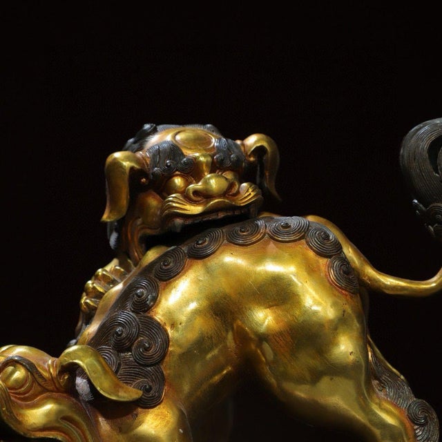 Gilt Bronze Guardian Lion Incense Burner – 9.5" Foo Dog Censer With Cub & Ball Motif For Sale - Image 4 of 9