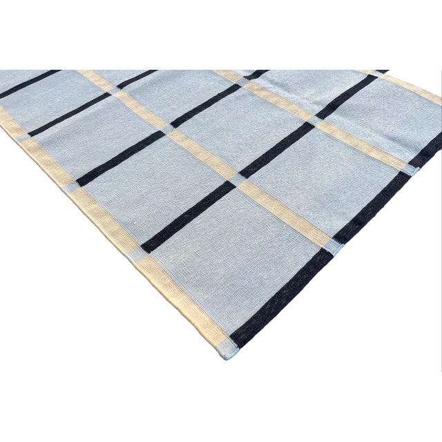 Not Yet Made - Made To Order Not Yet Made - Made To Order Handmade Cotton Area Rug Sky Blue, Beige & Navy Blue Windowpane Dhurrie - 8'x10' For Sale - Image 5 of 11
