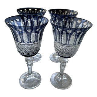 Midnight Blue Cut Glass Wine Goblets- Set of 4 For Sale