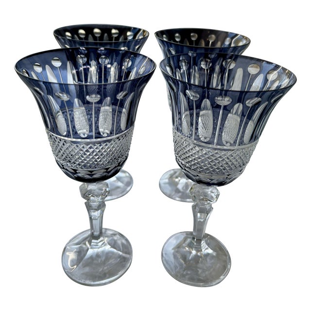 Midnight Blue Cut Glass Wine Goblets- Set of 4 For Sale
