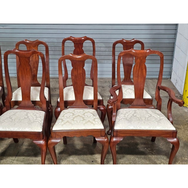 1990s 1990s Set of 8 Henkel Harris Black Cherry Dining Room Chairs White Damask Fabric For Sale - Image 5 of 18